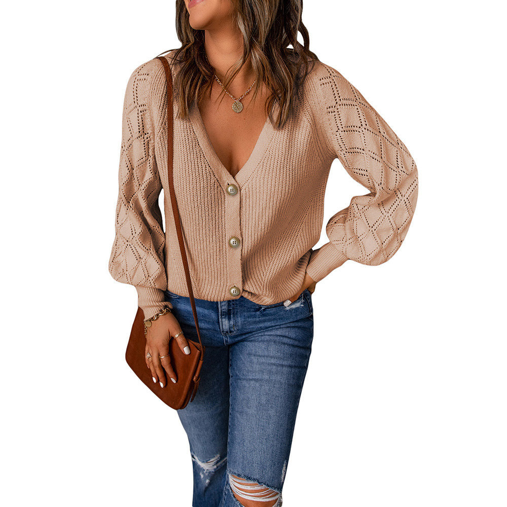 Damen Cardigan mit V-Ausschnitt und Puffärmeln, Größe