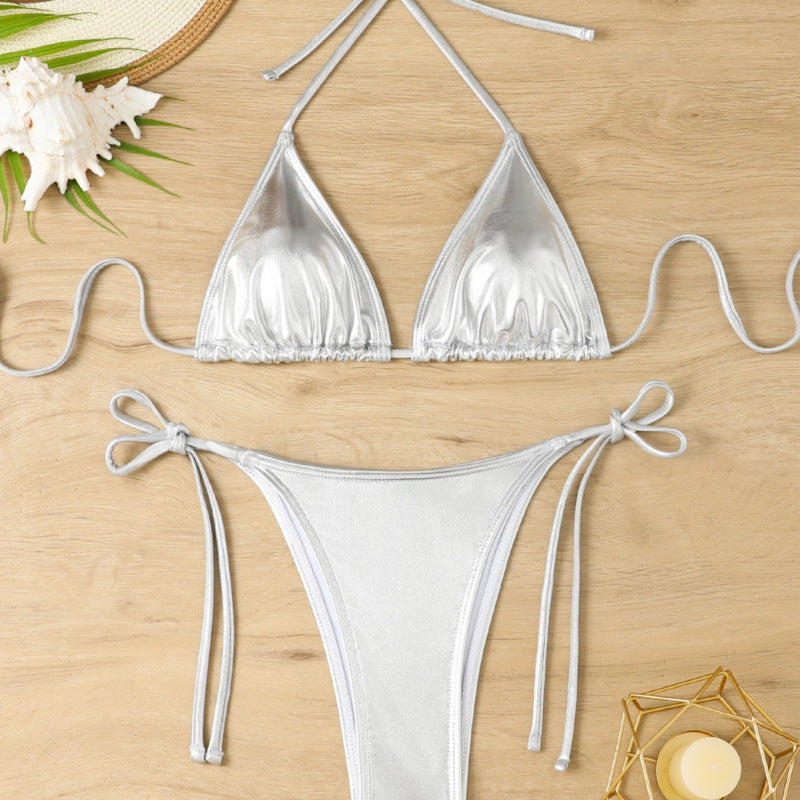 Women's triangle bikini with sparkling metallic finish and adjustable straps, size [size]