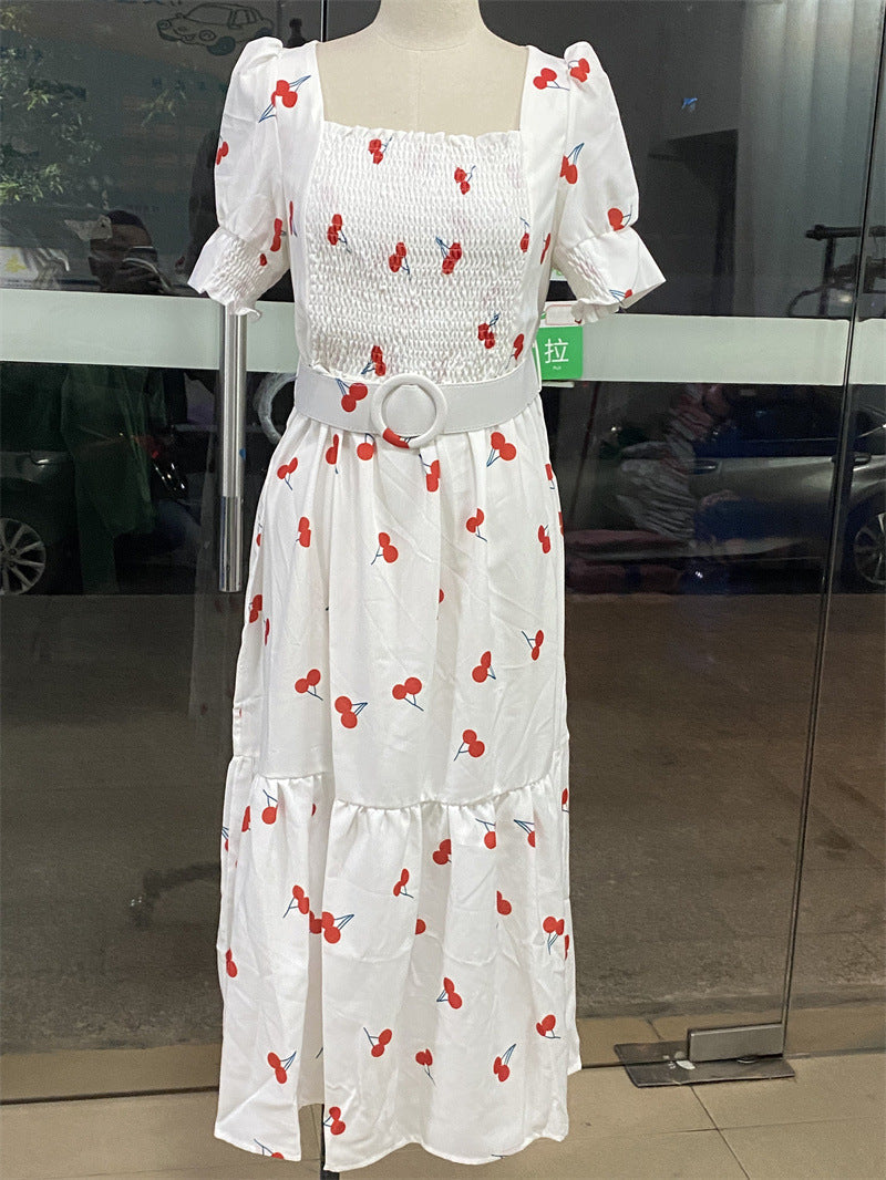 Valenzora | Printed, waist-defining U-neck elegant dress