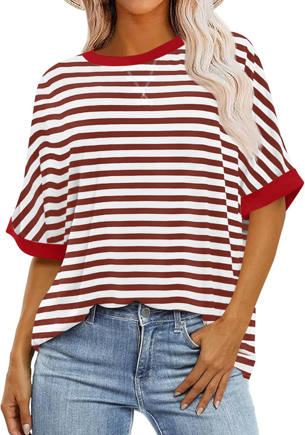 Women's casual striped top with a relaxed fit and contrasting neckband, size [size]