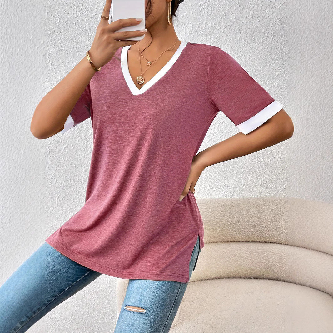 Women's V-neck shirt with contrast sleeves and comfortable fit, size