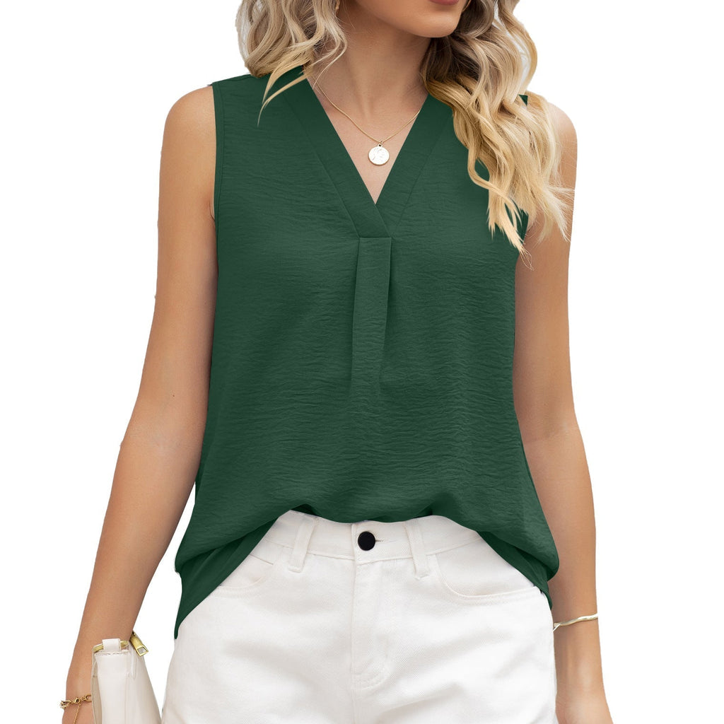 Women's sleeveless blouse with elegant V-neck and decorative pleats, size S