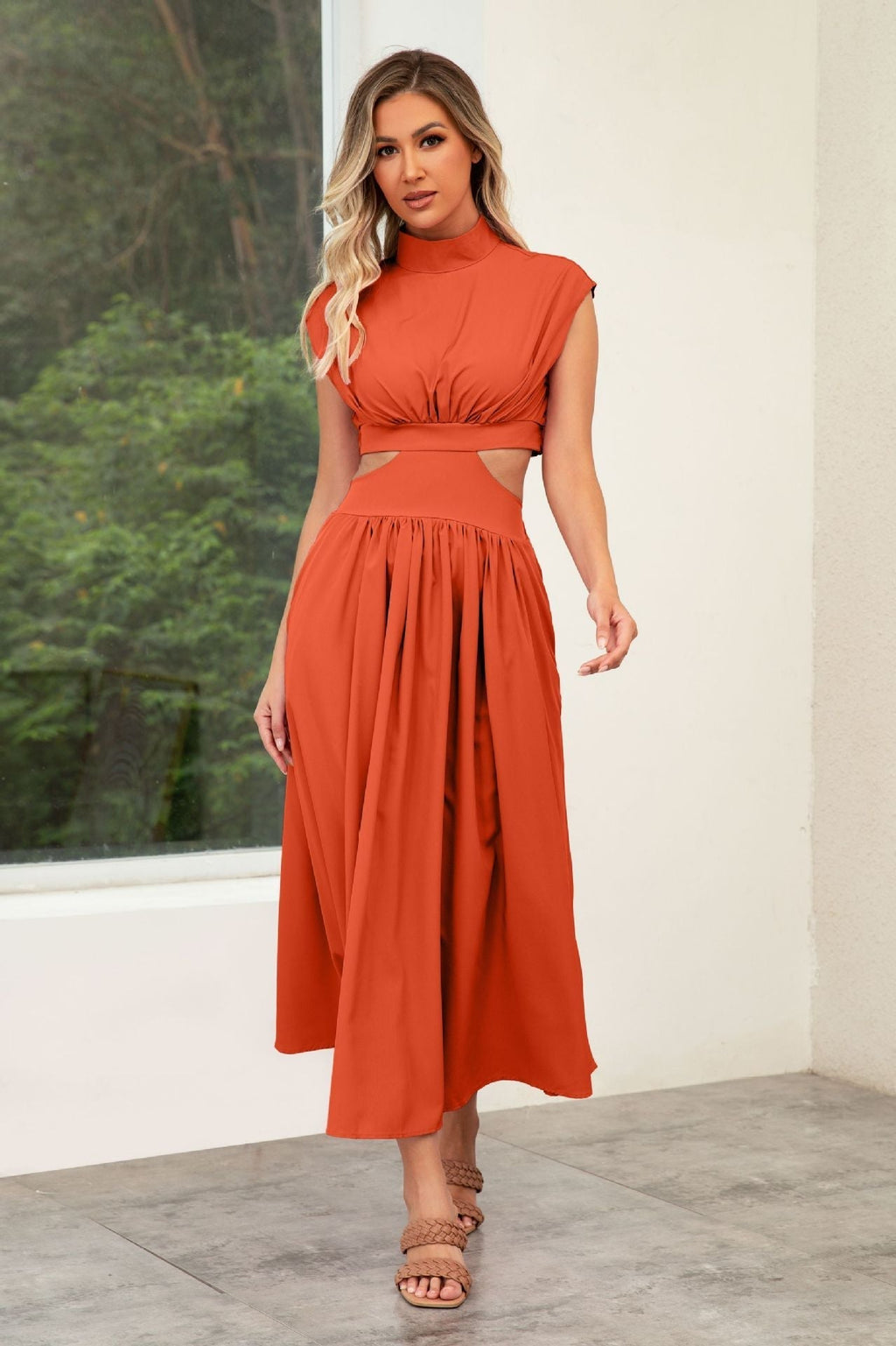 Women's cut-out summer dress with high collar, size