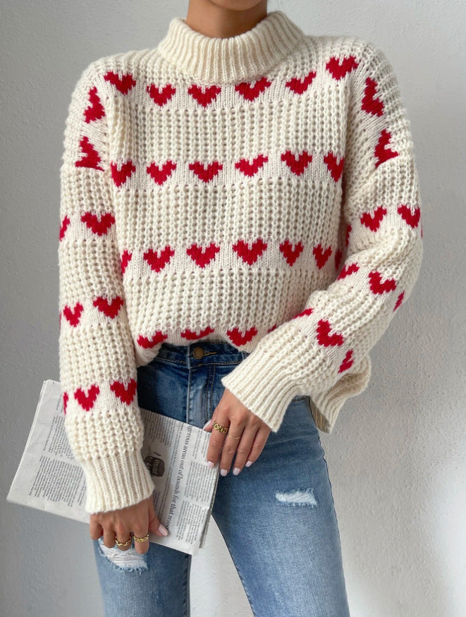 Valenzora Halbhoher Kragen Locker sitzender Love-Heart Jacquard-Strickpullover
