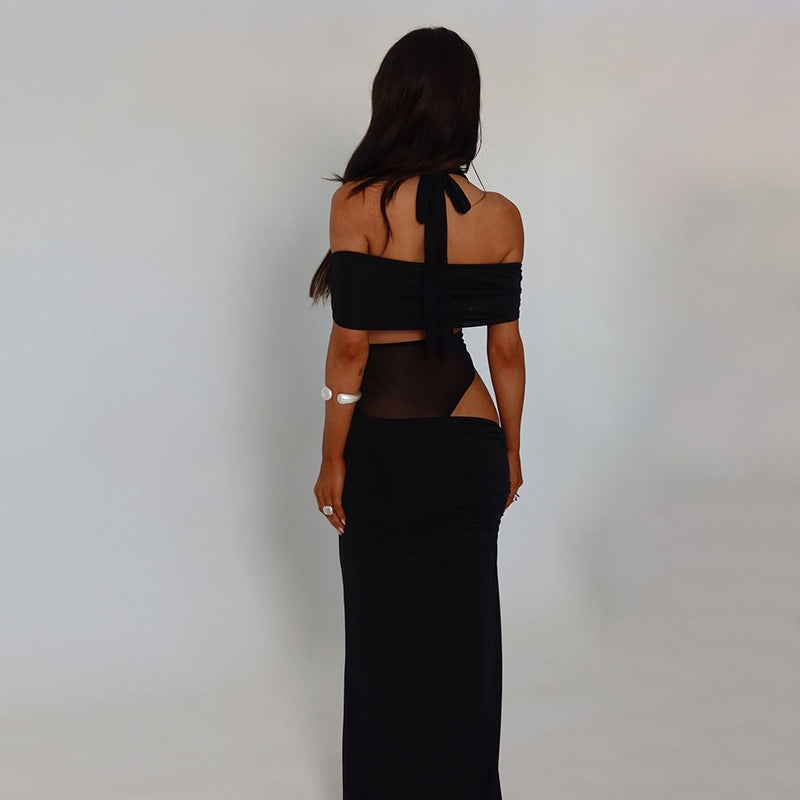 Women's cocktail dress with off-the-shoulder design and sophisticated mesh insert, size S