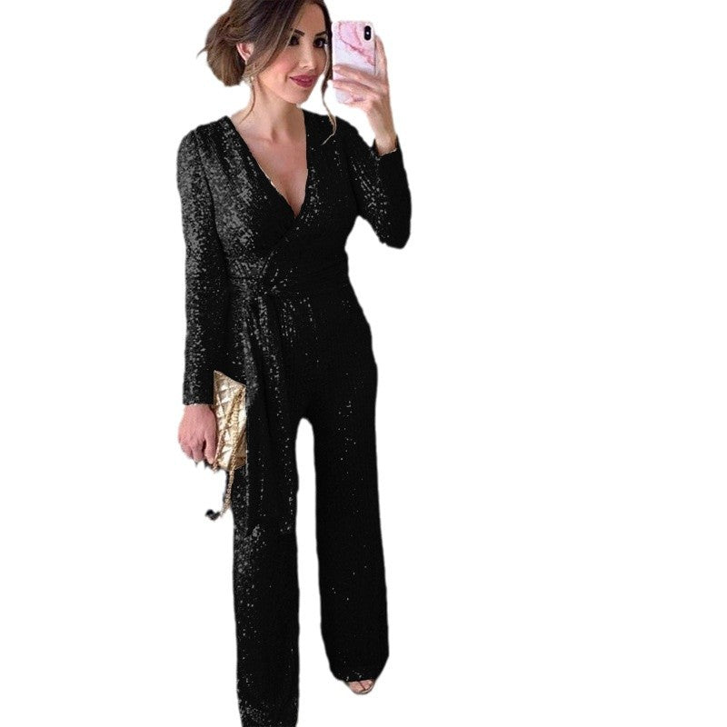 Women's glamorous jumpsuit with sparkling sequins and elegant deep V-neck, size [size]