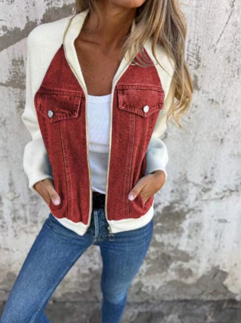 Women's denim jacket with contrasting sleeves and practical pockets, size S