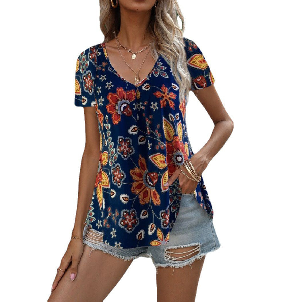 Women's floral top with deep V-neck and flowing cut, size