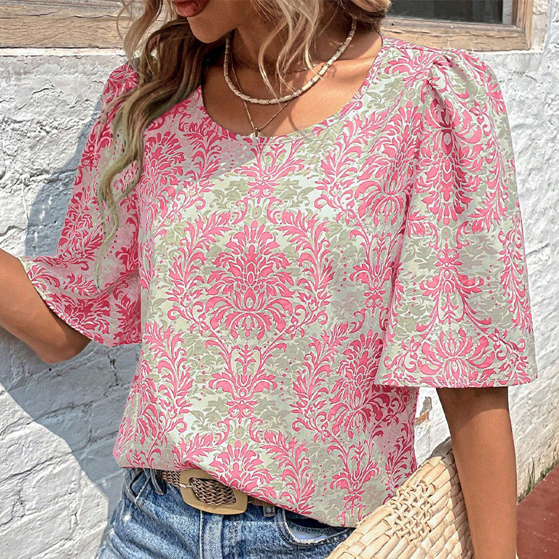 Damenbluse mit bauschigen Ärmeln und Blumenmustern, Größe