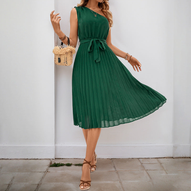 Damen Plisseekleid mit Taillengürtel und elegantem V-Ausschnitt, Größe
