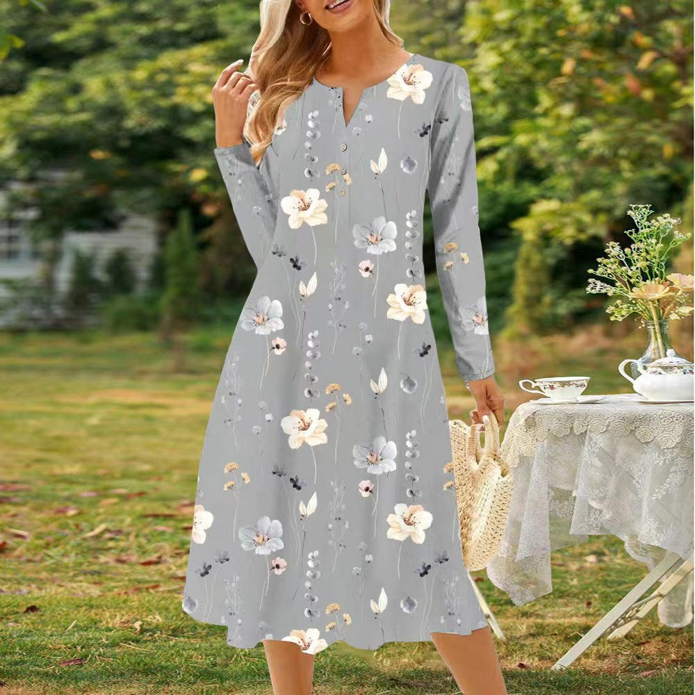 Valenzora | Printed V-neck button-up long-sleeved dress