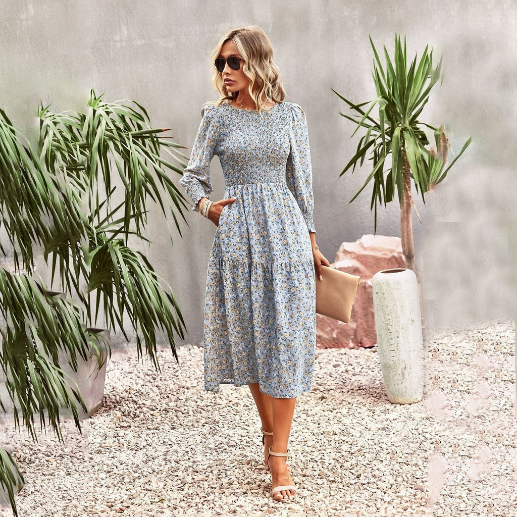 Florales Midikleid für Damen mit Raffung in der Taille und langen Ärmeln, Größe