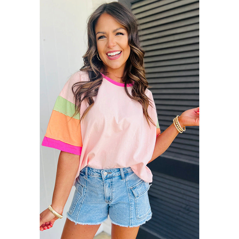 Damen-Freizeit-T-Shirt mit bunten Ärmeln, Größe