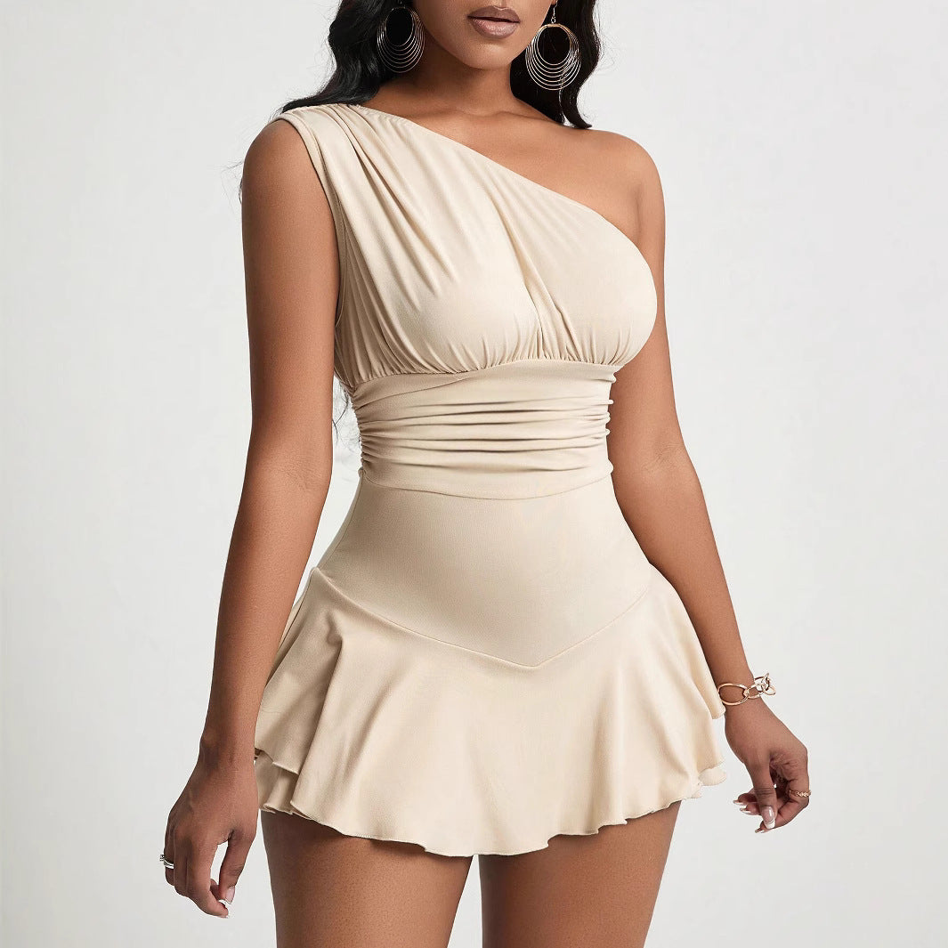 Women's asymmetrical mini dress with ruffle details and figure-flattering design, size