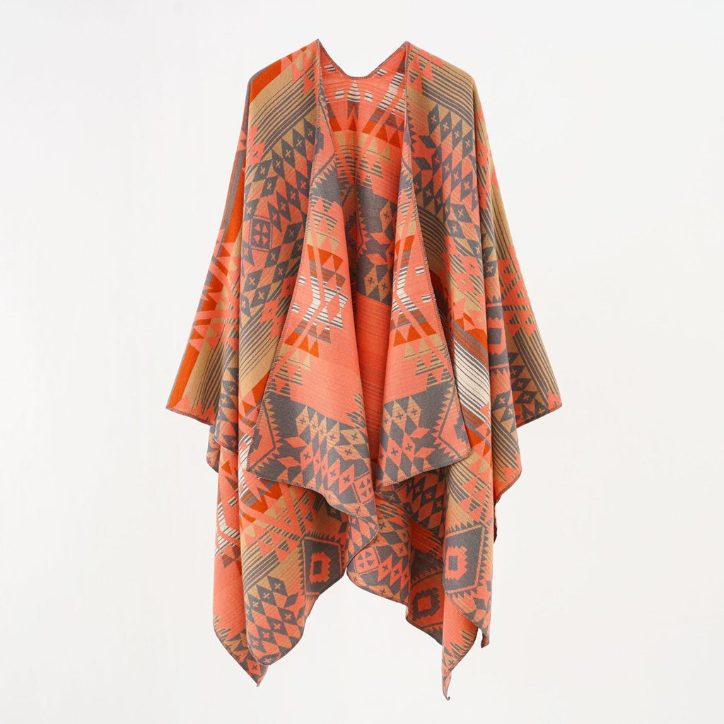 Women's geometric throw poncho with warm material and trendy pattern, size S