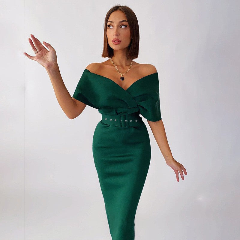 Valenzora | Off-Shoulder Fitted Dress with Belt