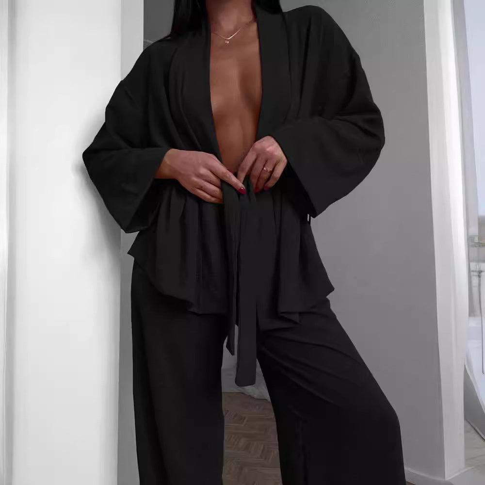 Women's casual kimono set with a wide cut and elastic waistband, size S