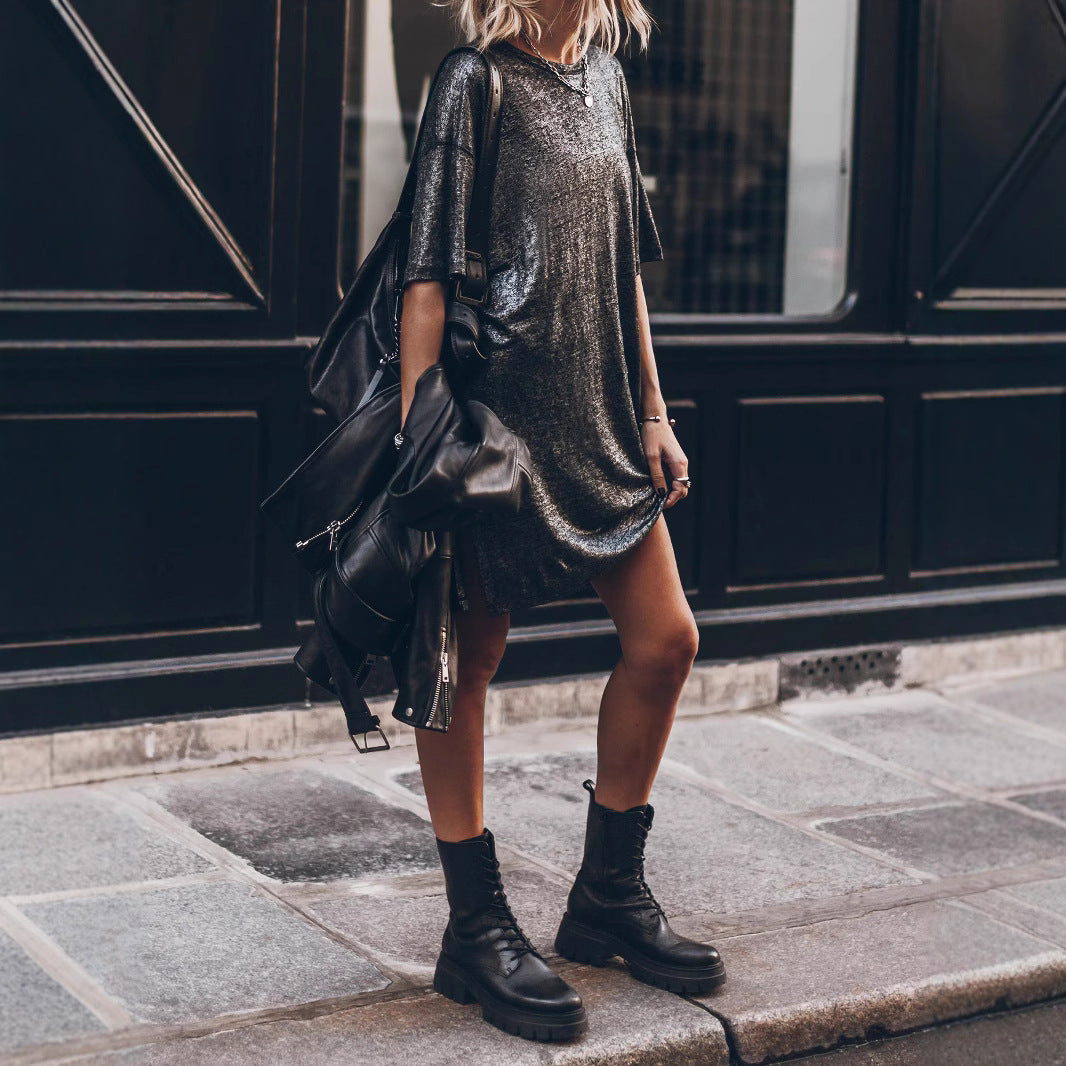 Women's casual glitter dress with side slit and oversized cut, size [size]