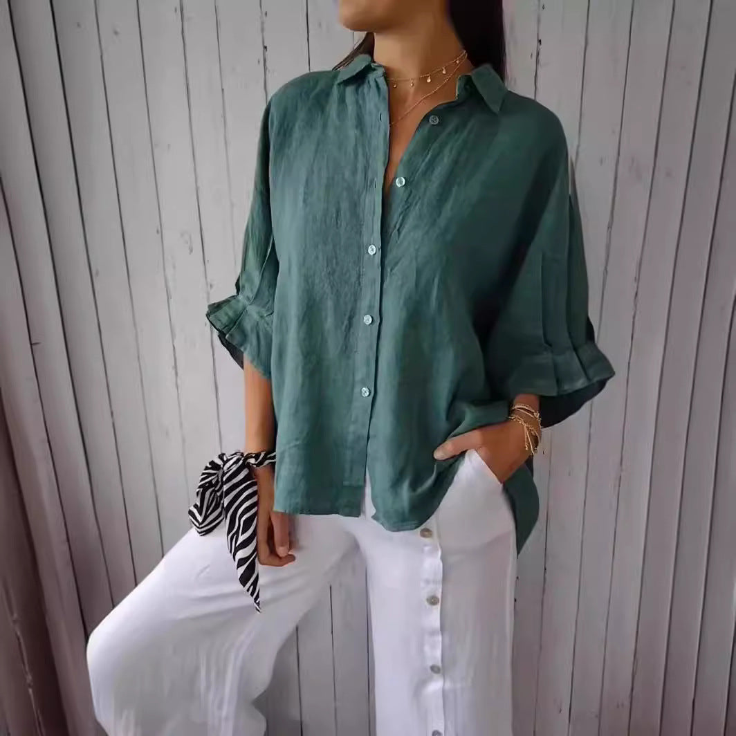 Women's casual linen blouse with button placket and side pockets, size