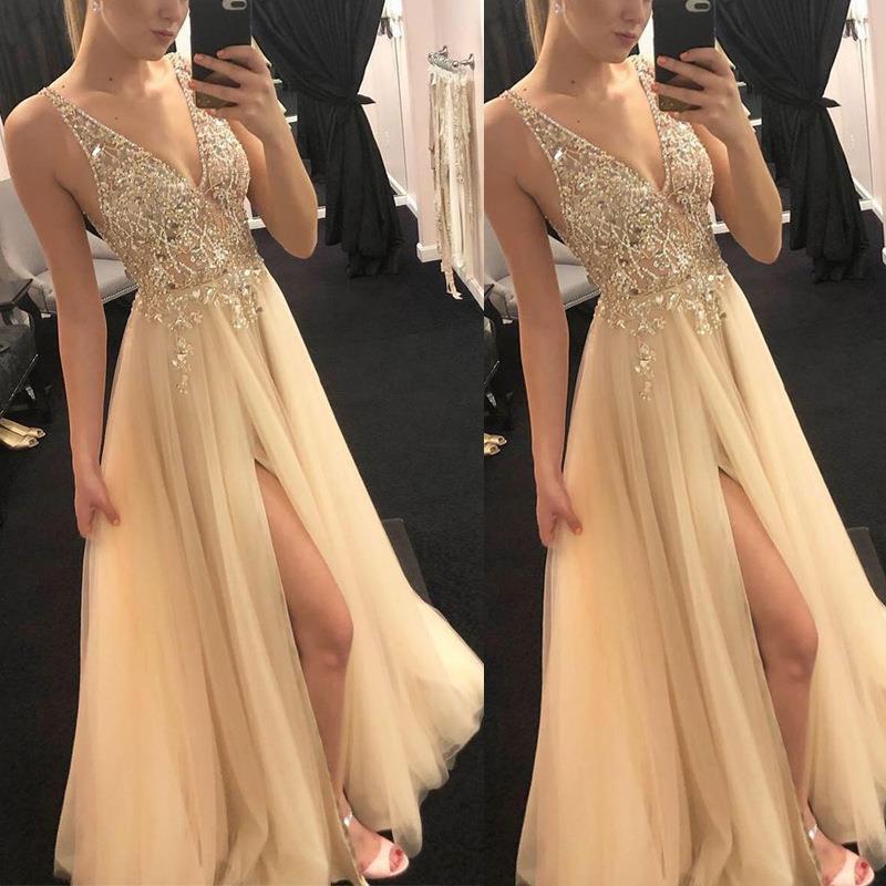 Valenzora | V-neck Split Party Evening Dress