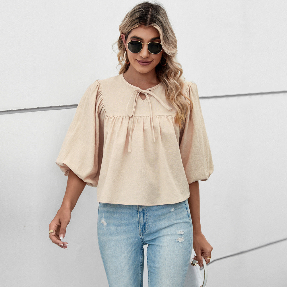 Women's blouse shirt with elegant puff sleeves and chic drawstring, size