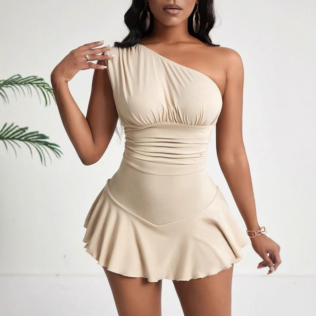 Women's asymmetrical mini dress with ruffle details and figure-flattering design, size