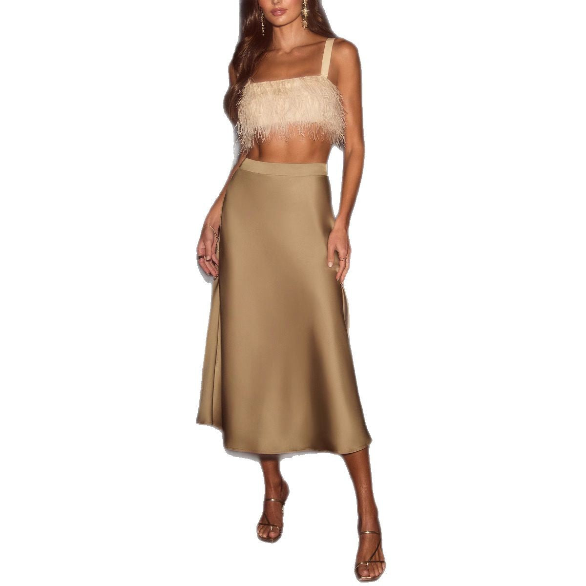 Women's flowing satin midi skirt with elasticated waistband, size