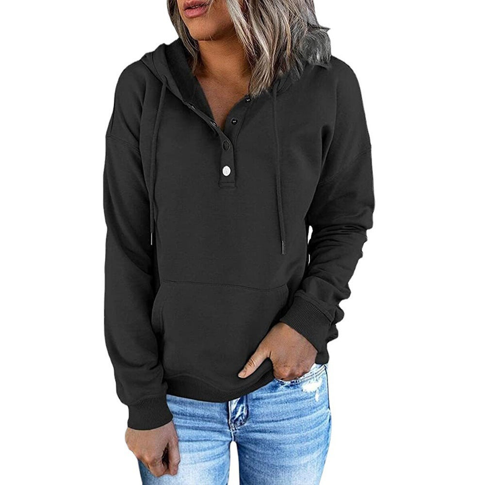 Women's hooded sweatshirt with button placket and relaxed fit, size