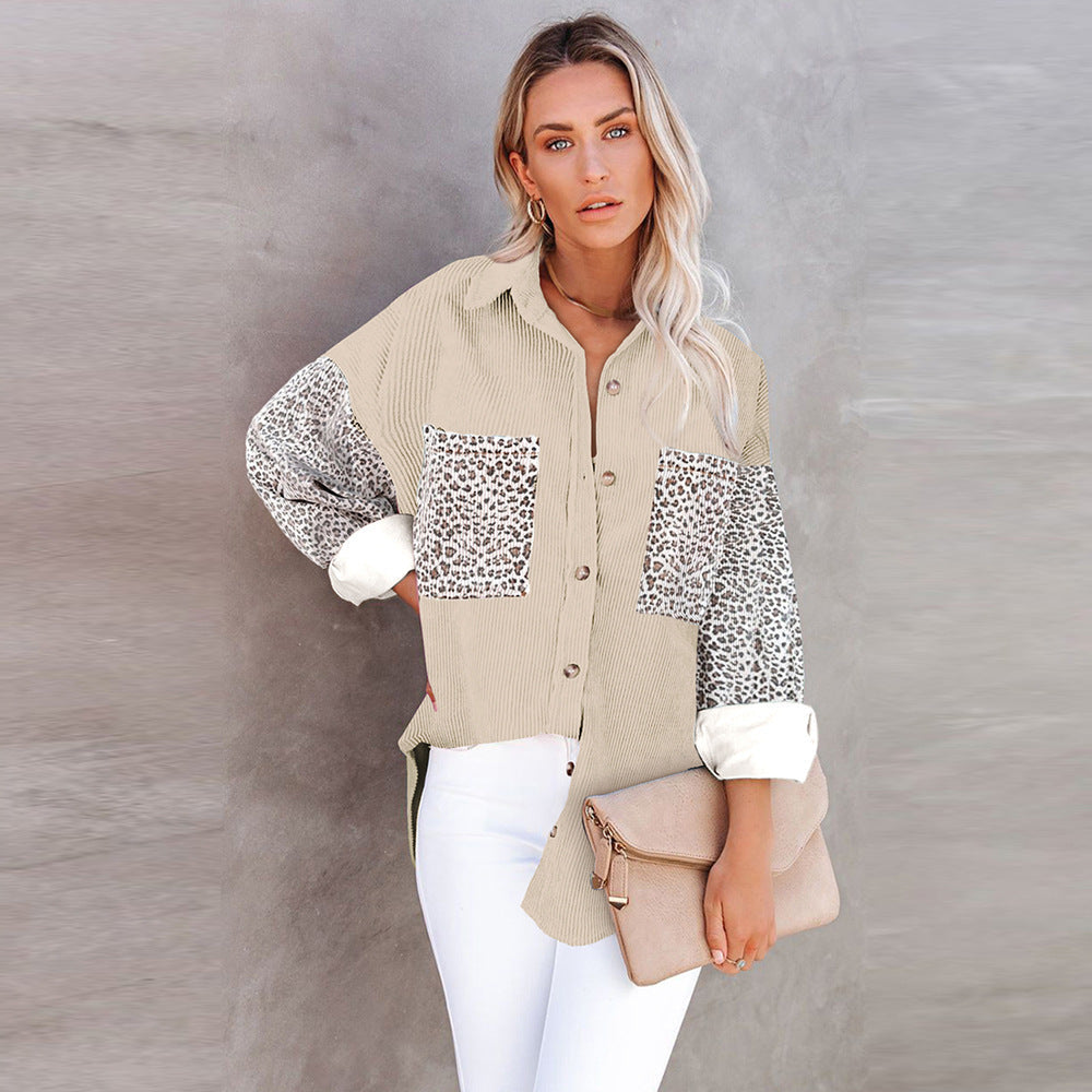 Women's trendy corduroy jacket with leopard details, size