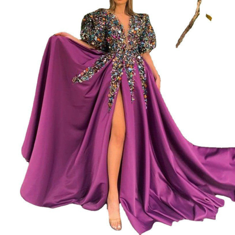 Women's glamorous evening dress with voluminous puff sleeves and sparkling neckline Valenzora