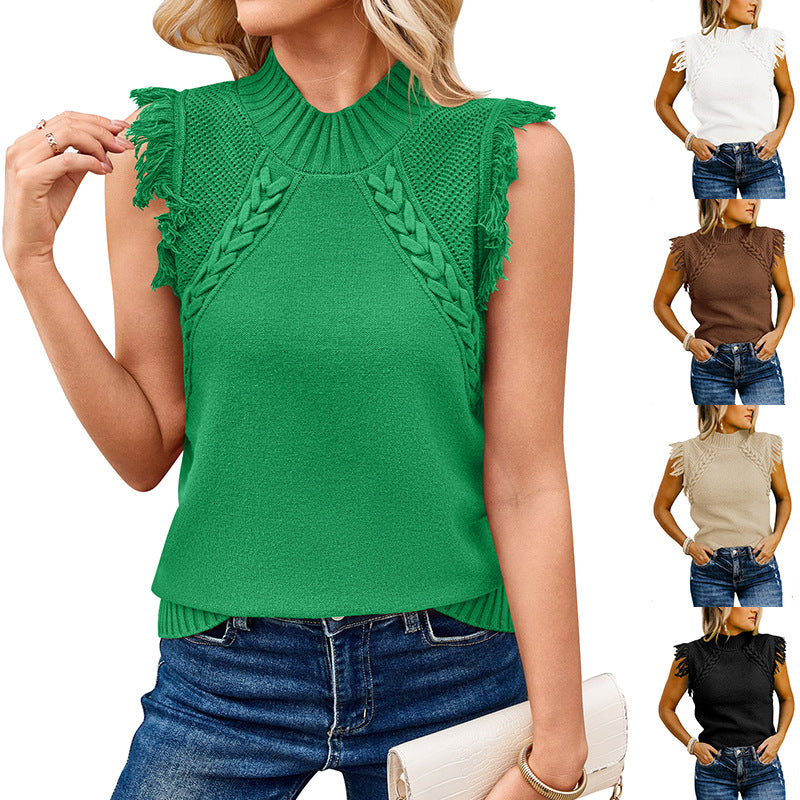 Women's elegant knit top with sophisticated crochet pattern and fringe, size S