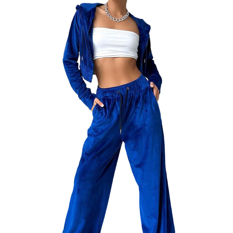 Women's sporty leisure set with casual hooded jacket and wide-leg trousers, size S