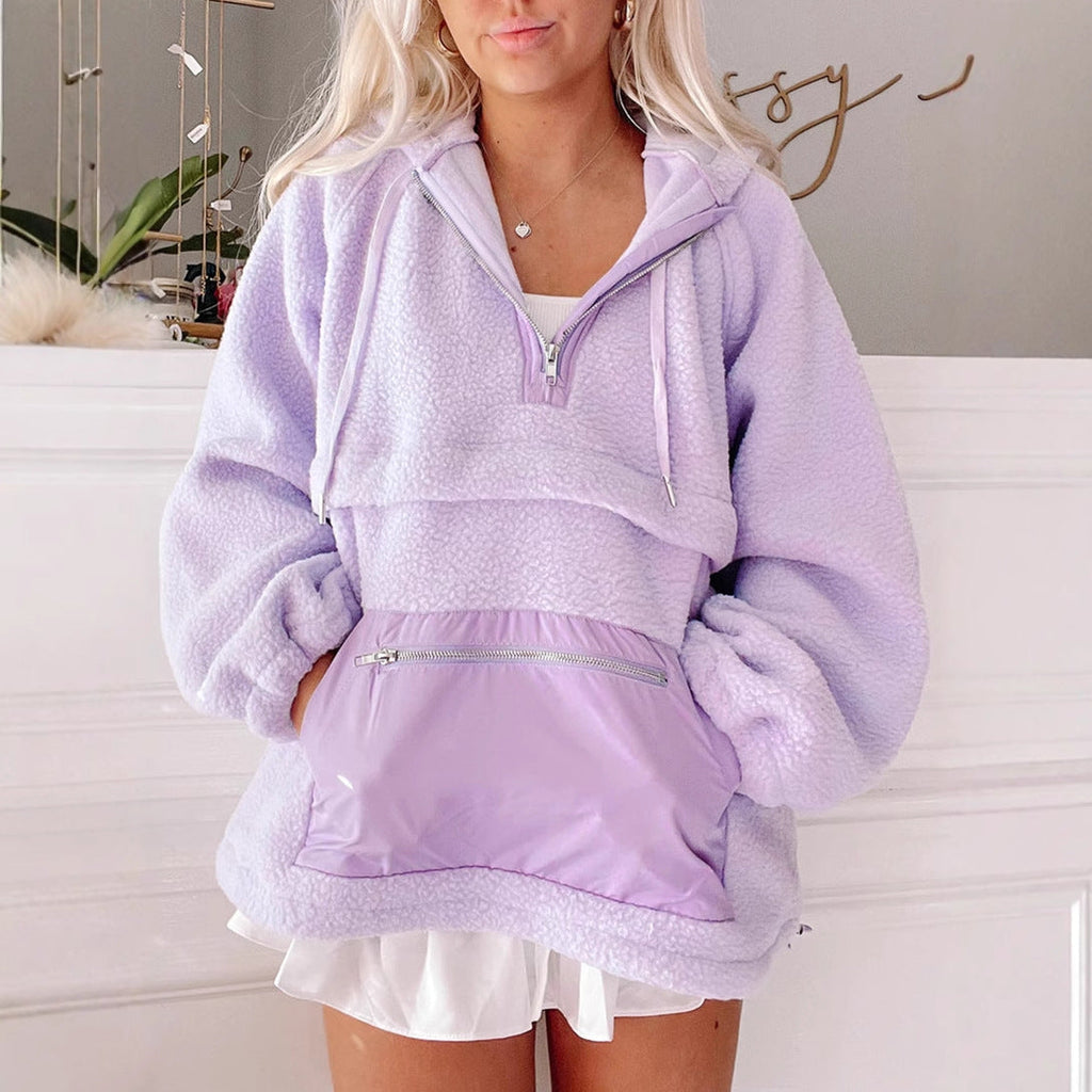 Women's fleece pullover with high collar and practical front pocket, size S