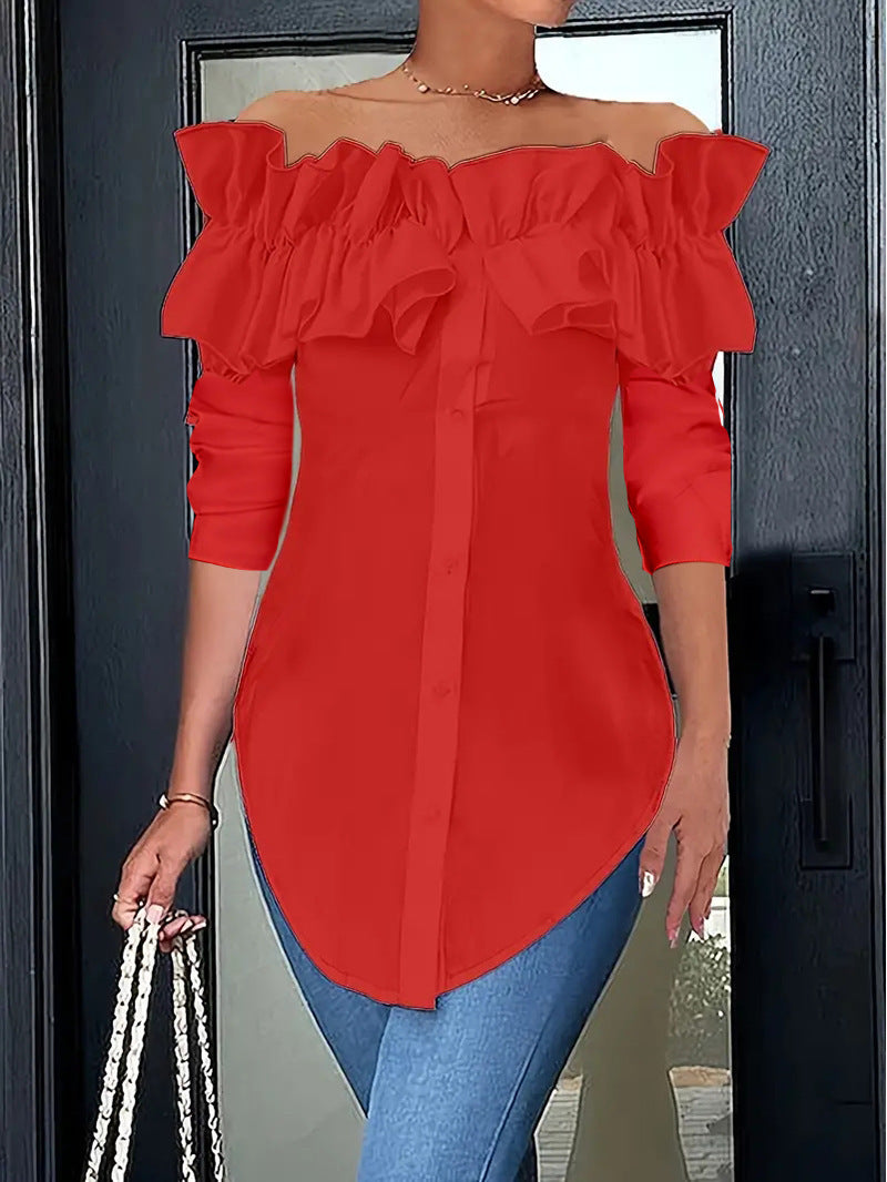 Damenbluse mit schulterfreiem Design und voluminösen Rüschendetails, Größe [Größe fehlt]