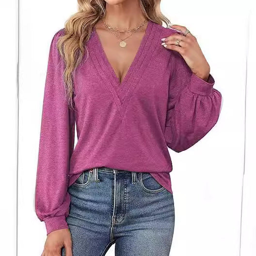 Bequemes Damen-Shirt mit V-Ausschnitt und langen Ärmeln, Größe