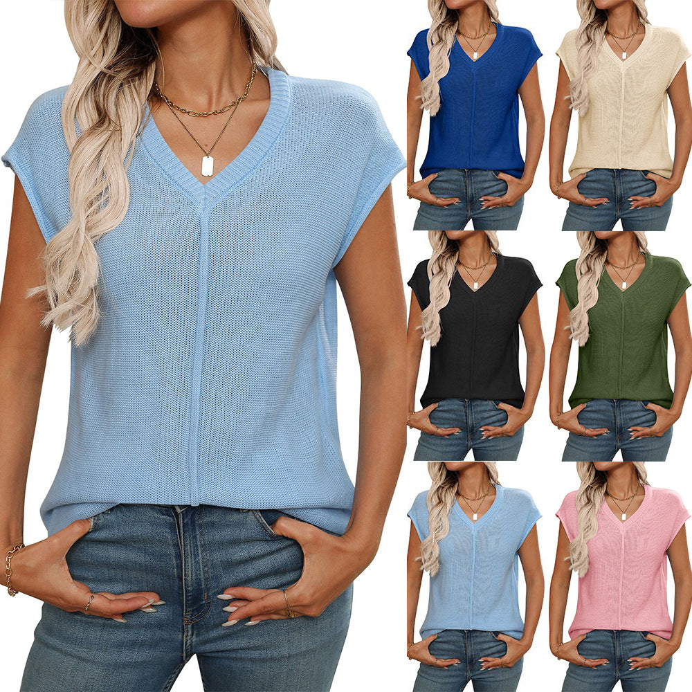 Women's modern V-neck knit top with airy texture, size S
