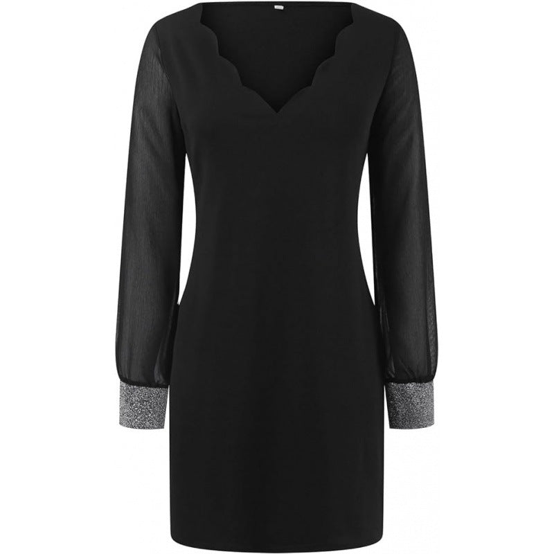 Women's evening dress with sheer sleeves and elegant V-neck, size