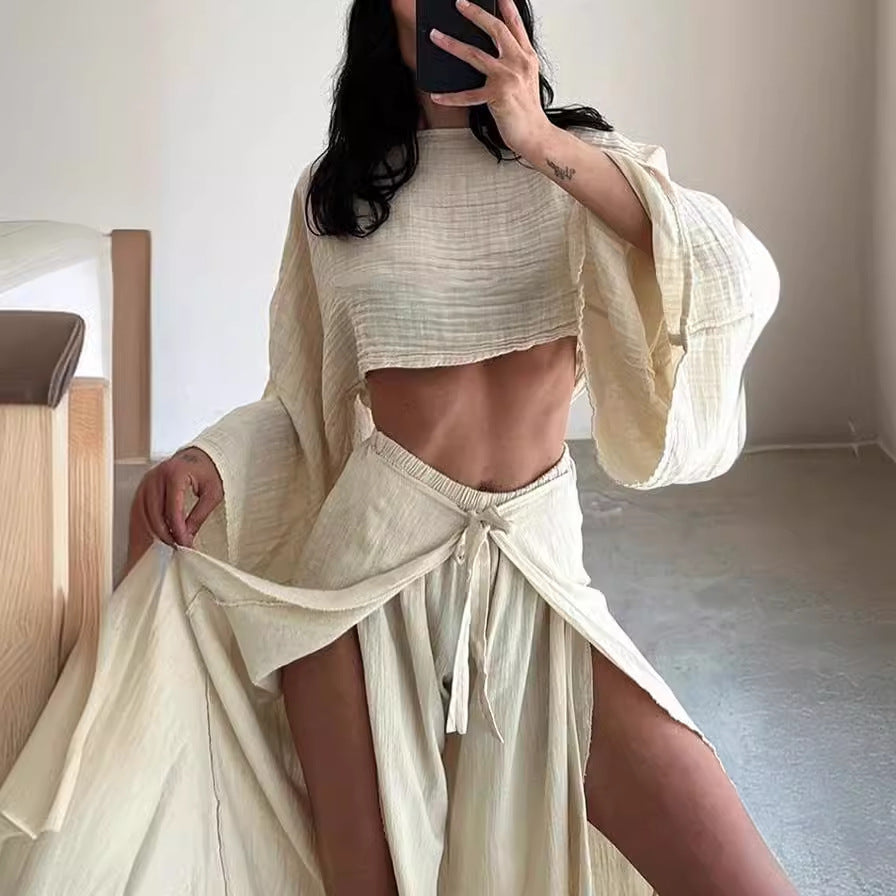 Women's Casual Two-Piece Set with Oversized Top and Wide-Leg Trousers, Size