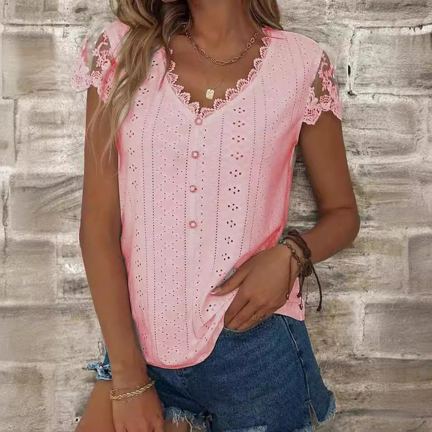 Women's blouse with romantic ruffles and unique eyelet embroidery, size