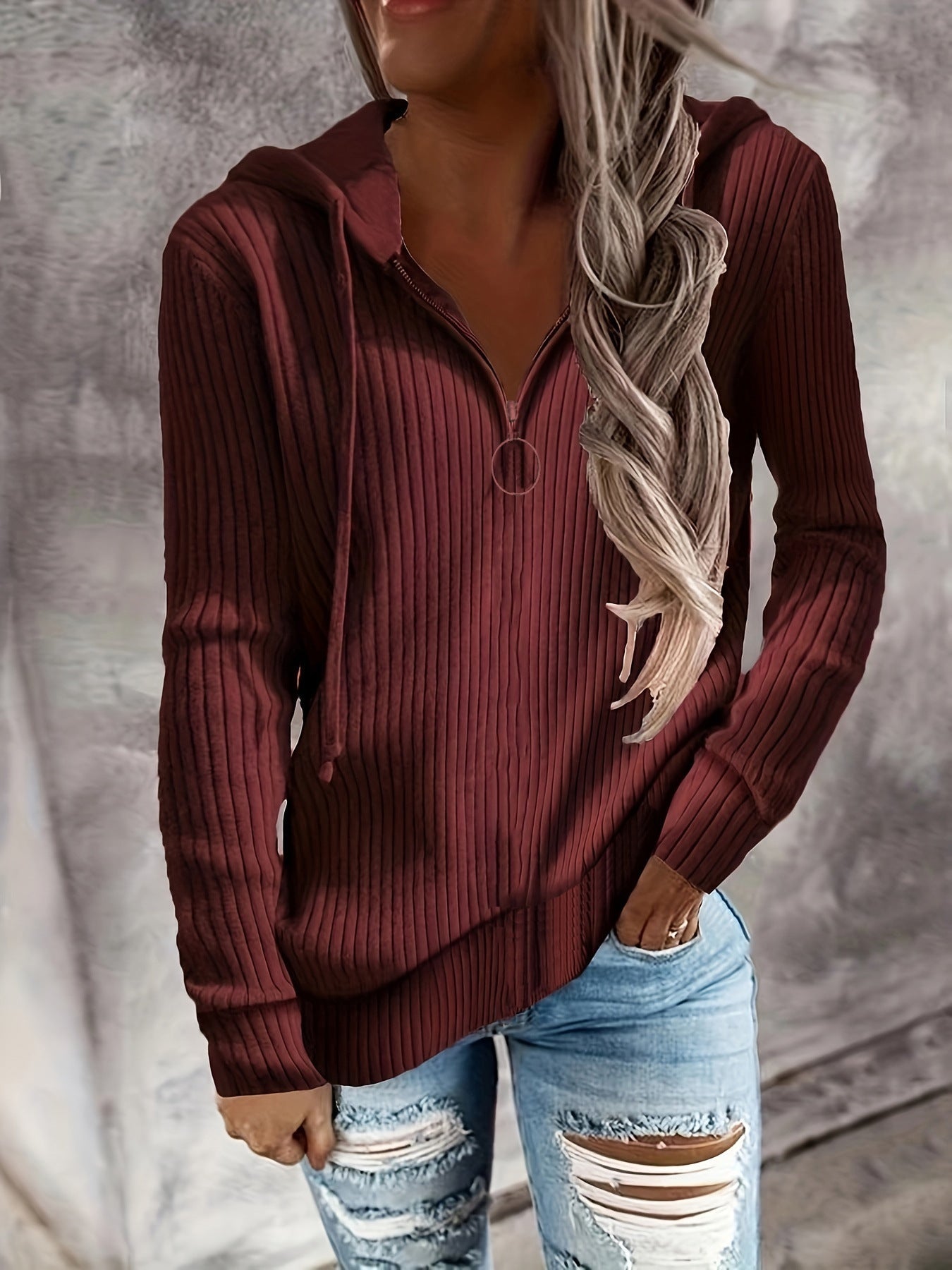 Damen-Kapuzenjacke mit Reißverschluss und lässigem Rippstrick-Design, Größe S