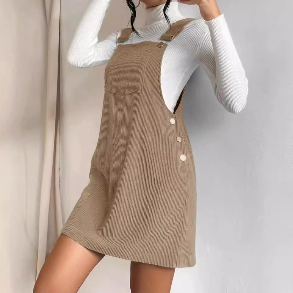 Women's corduroy pinafore dress with button details, size