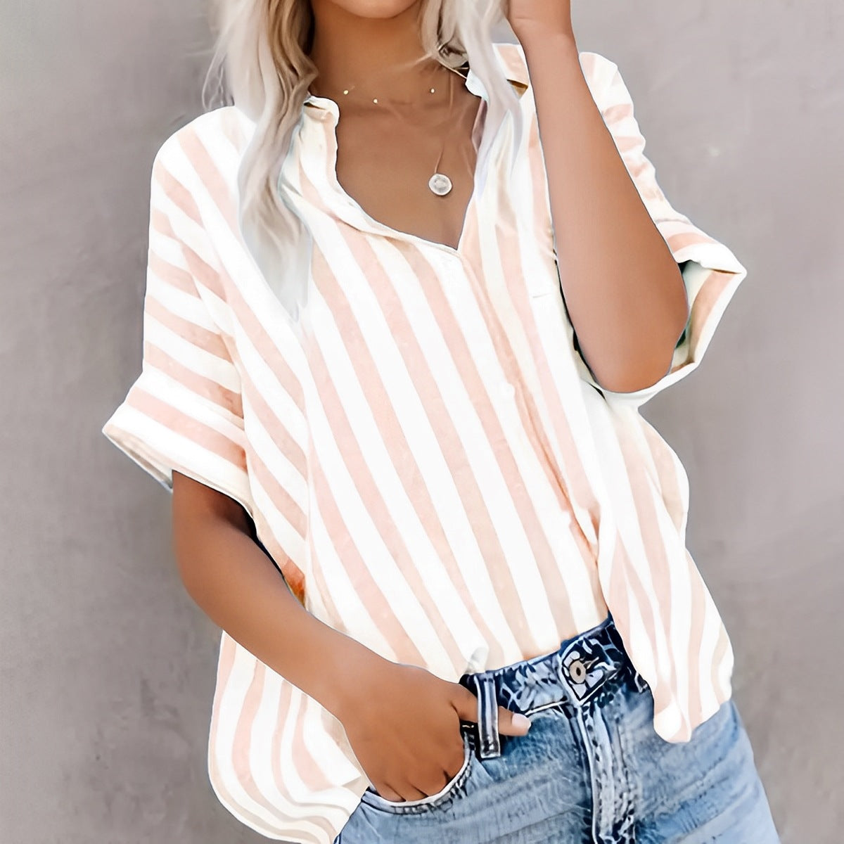 Damen Oversized Streifenhemd mit klassischem Kragen und kurzen Ärmeln, Größe