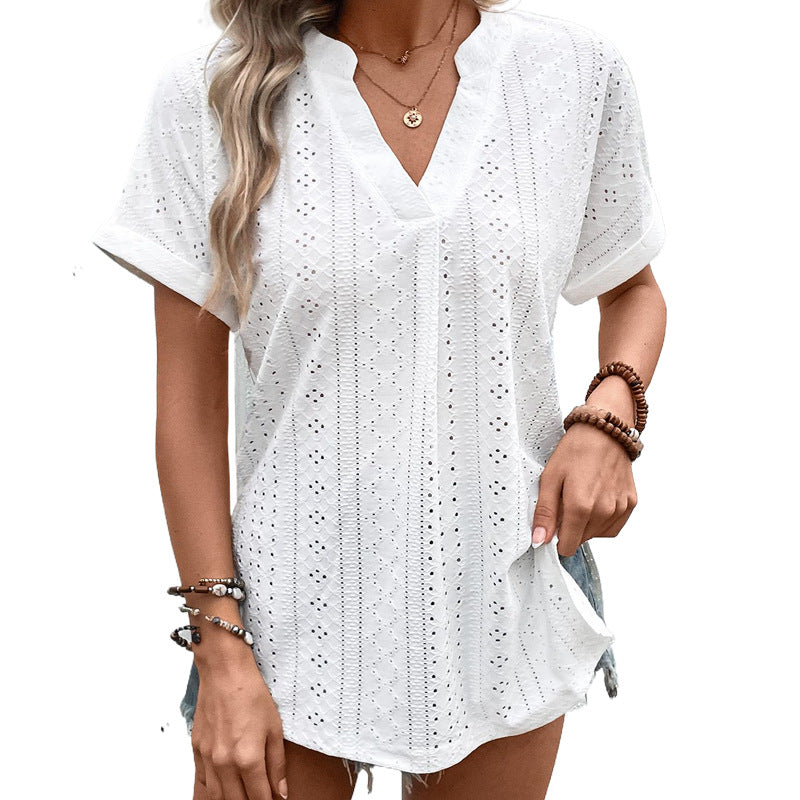 Women's top with elegant eyelet embroidery and modern V-neck, size
