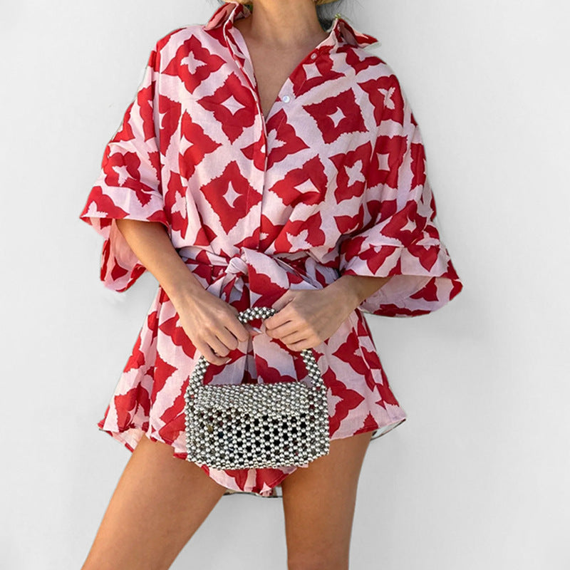 Damen Blusenkleid mit kreativem Muster und abnehmbaren Gürtel Drune
