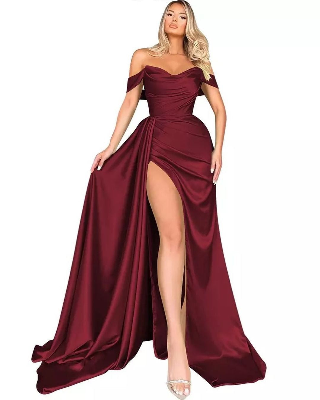 Damen schulterfreies Abendkleid mit hohem Beinschlitz und voluminösem Rock, Größe [Größe fehlt]
