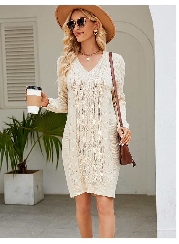 Valenzora | Solid color V-neck twirl knit dress