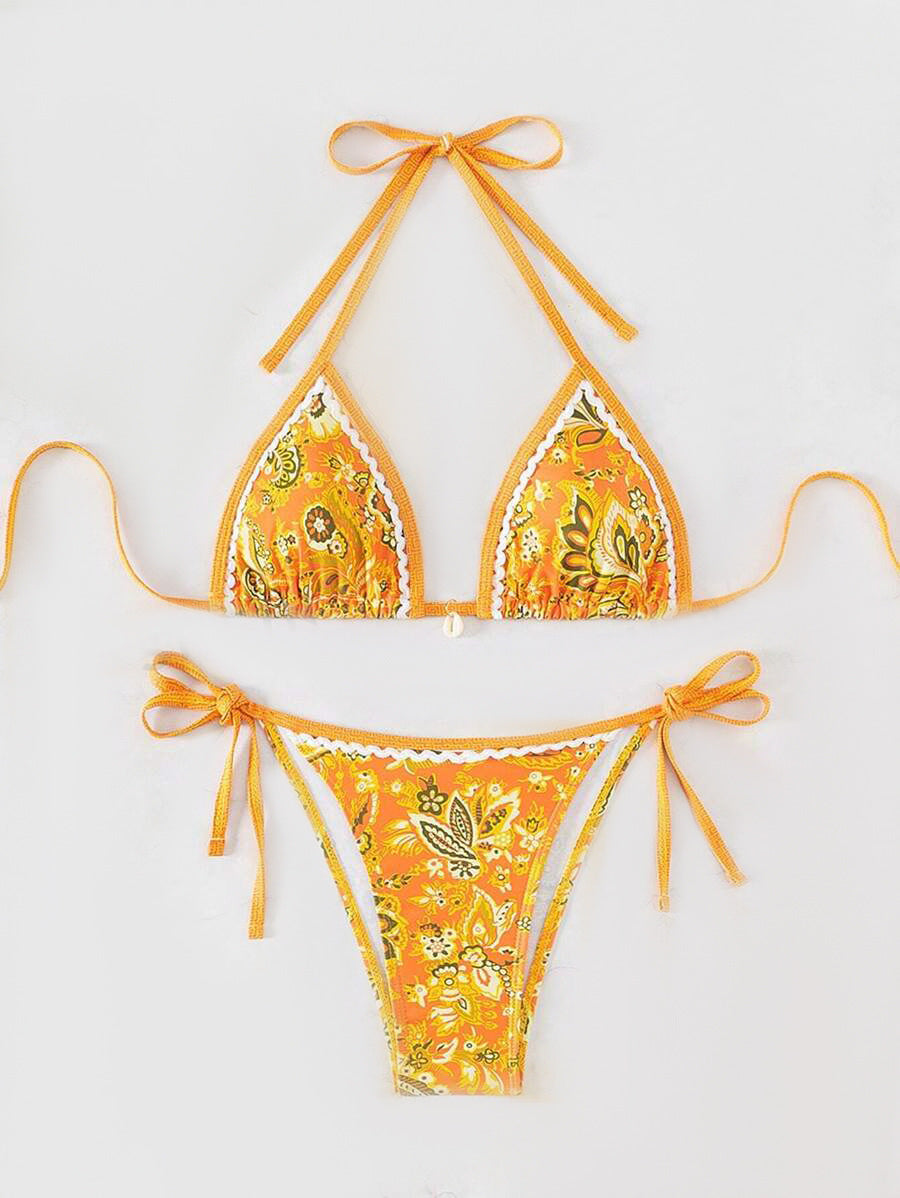 Women's triangle bikini set with playful floral pattern and adjustable ties, size [size]