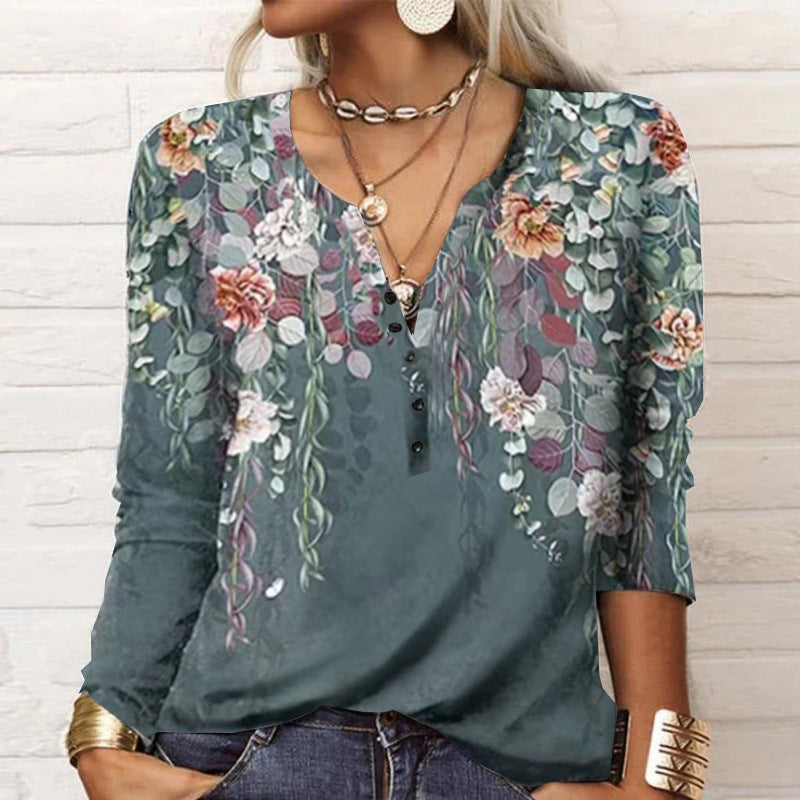Damen Langarmshirt mit Detaildruck und Knopfleiste, Größe