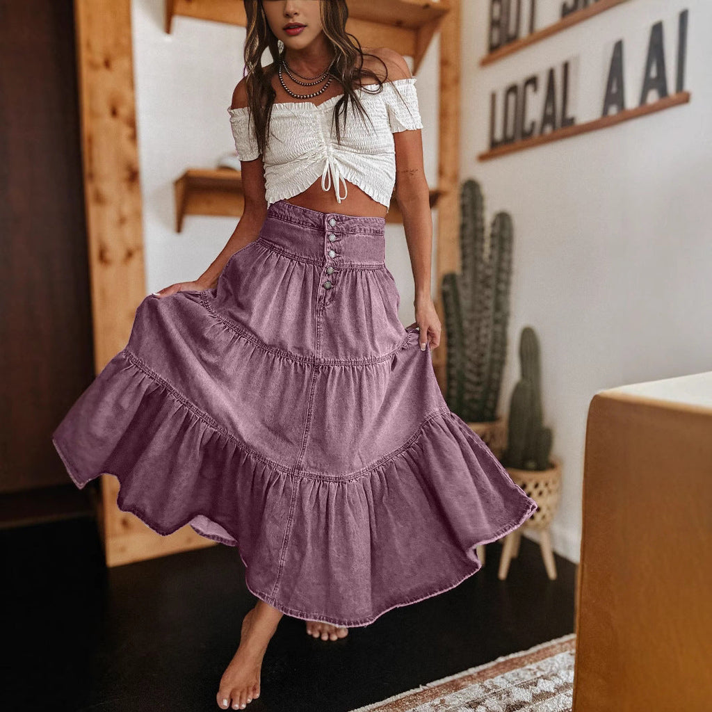 Women's cotton skirt with voluminous tiered design and fashionable button detail, size S