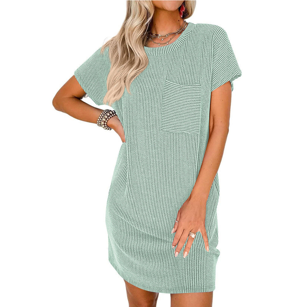 Women's casual short-sleeved dress with striped design and practical pocket, size S